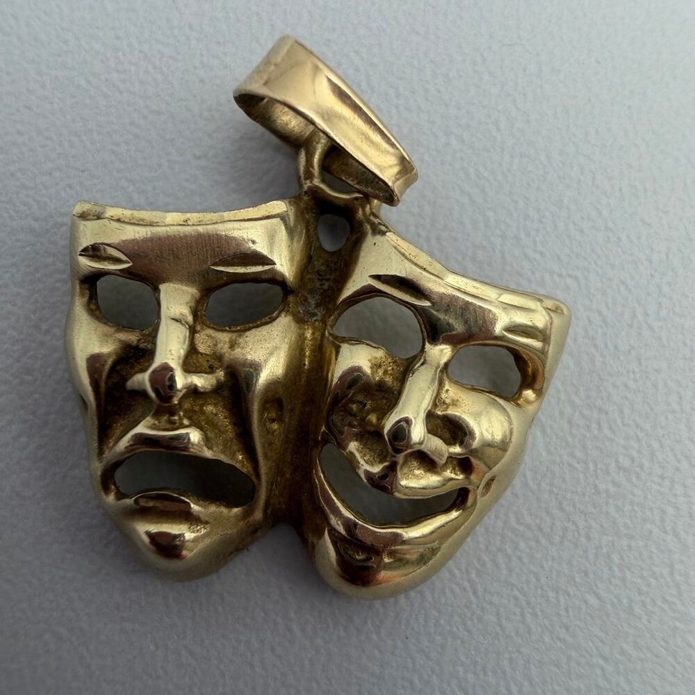 14K Yellow Gold Comedy Tragedy Masks Drama Theater Charm Pendant 1.5g
